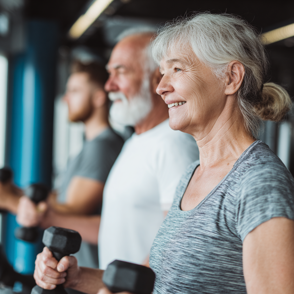 Middle-aged adults engaging in structured fitness activities with professional guidance